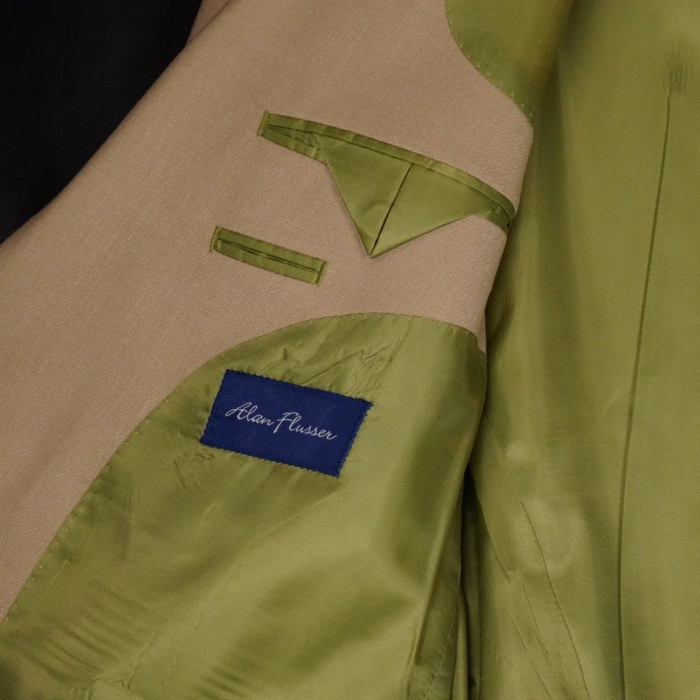 Alan Flusser Sport Coat Mens 48L Tan Solid Polyester Viscose